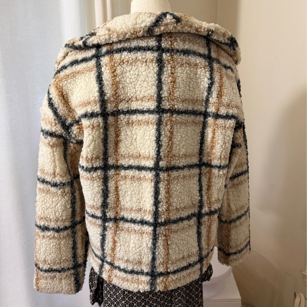 Stoosh Women Sherpa Fleece Plaid Button Front Jacket Cream Tan Black Small‎ - Picture 3 of 5